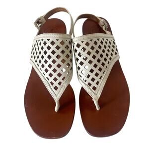 Tory Burch White Leather Laser Cut Chunky Silver Mirrored Heel Sandals • Size 6